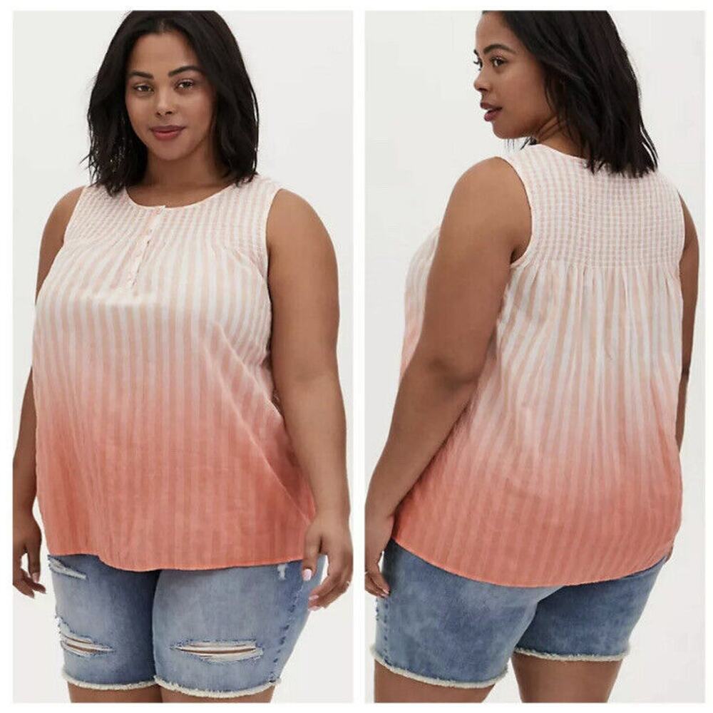 New Torrid 00 10 Coral Blouse Stripe & Ombre Smocked Henley Tank Stretch NWT